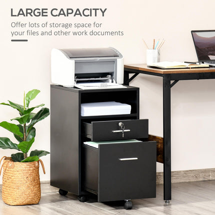 Mobile Lockable File Cabinet with Wheels and Storage Drawers 39.5x40x60cm - Black