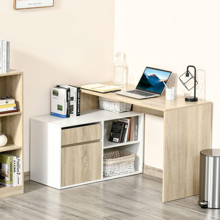 L Shaped Corner Computer Desk with Storage Shelf & Drawer - Oak and White