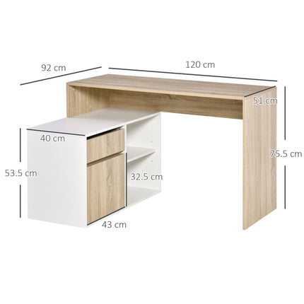 L Shaped Corner Computer Desk with Storage Shelf & Drawer - Oak and White