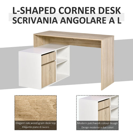 L Shaped Corner Computer Desk with Storage Shelf & Drawer - Oak and White
