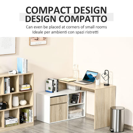 L Shaped Corner Computer Desk with Storage Shelf & Drawer - Oak and White