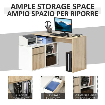 L Shaped Corner Computer Desk with Storage Shelf & Drawer - Oak and White