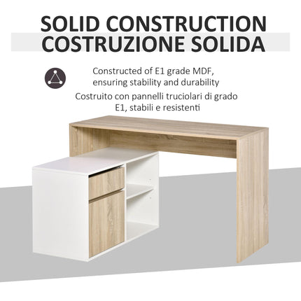 L Shaped Corner Computer Desk with Storage Shelf & Drawer - Oak and White