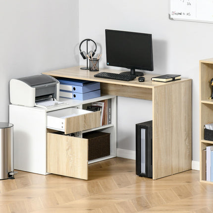 L Shaped Corner Computer Desk with Storage Shelf & Drawer - Oak and White