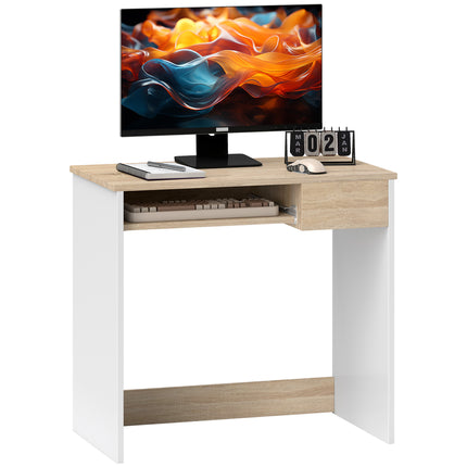 Compact Small Computer Desk with Keyboard Tray and Drawer for Study Office Gaming Writing - Oak