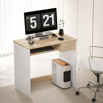 Compact Small Computer Desk with Keyboard Tray and Drawer for Study Office Gaming Writing - Oak