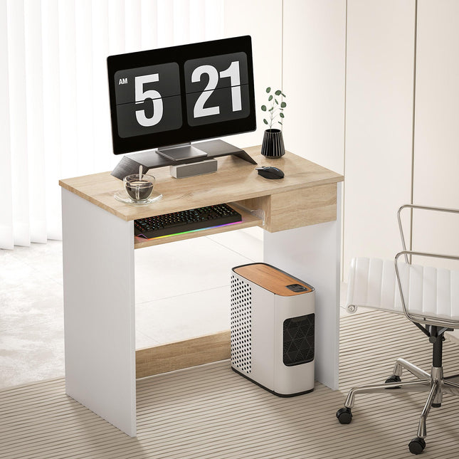 Compact Small Computer Desk with Keyboard Tray and Drawer for Study Office Gaming Writing - Oak