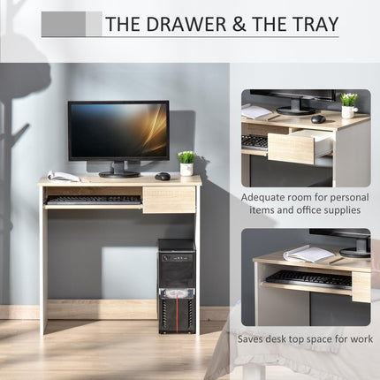 Compact Small Computer Desk with Keyboard Tray and Drawer for Study Office Gaming Writing - Oak