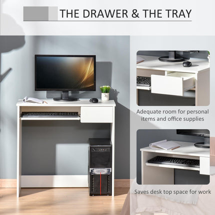 Compact Small Computer Desk with Keyboard Tray and Drawer for Study, Office, Gaming, Writing - White