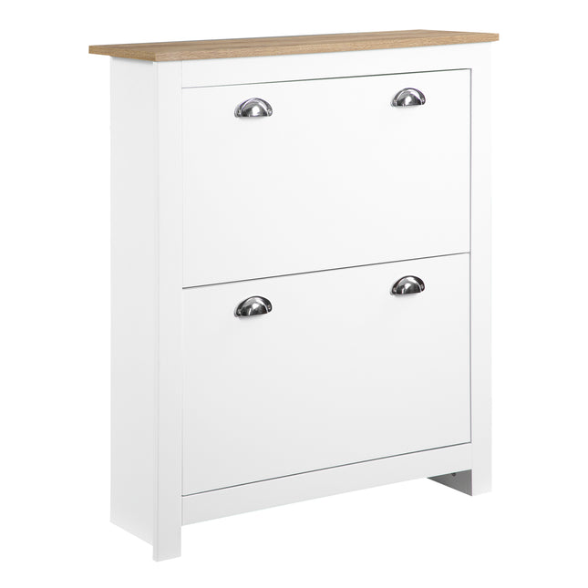 2 Drawer Narrow Shoe Cabinet with Flip Doors and Adjustable Shelf for 12 Pairs - White