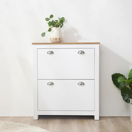 2 Drawer Narrow Shoe Cabinet with Flip Doors and Adjustable Shelf for 12 Pairs - White