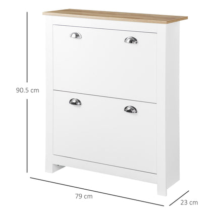 2 Drawer Narrow Shoe Cabinet with Flip Doors and Adjustable Shelf for 12 Pairs - White