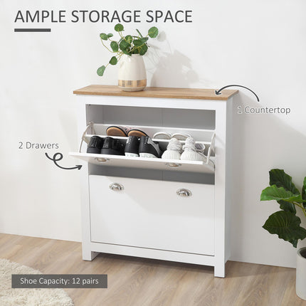 2 Drawer Narrow Shoe Cabinet with Flip Doors and Adjustable Shelf for 12 Pairs - White