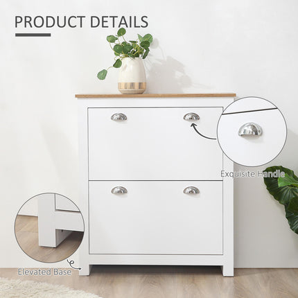 2 Drawer Narrow Shoe Cabinet with Flip Doors and Adjustable Shelf for 12 Pairs - White
