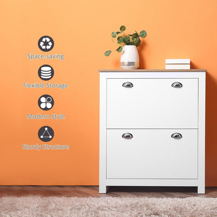 2 Drawer Narrow Shoe Cabinet with Flip Doors and Adjustable Shelf for 12 Pairs - White