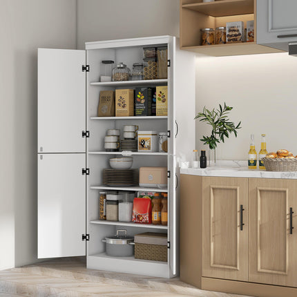 4-Door Tall Freestanding Kitchen Cupboard 6-Tier Storage Cabinet with Adjustable Shelves - White
