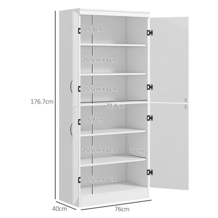 4-Door Tall Freestanding Kitchen Cupboard 6-Tier Storage Cabinet with Adjustable Shelves - White
