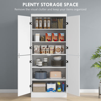 4-Door Tall Freestanding Kitchen Cupboard 6-Tier Storage Cabinet with Adjustable Shelves - White