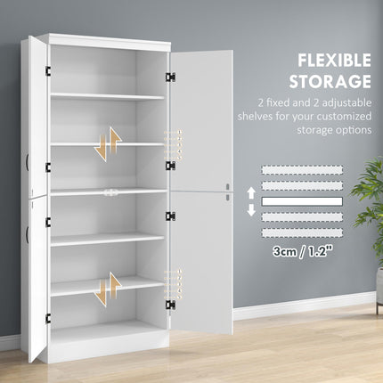 4-Door Tall Freestanding Kitchen Cupboard 6-Tier Storage Cabinet with Adjustable Shelves - White