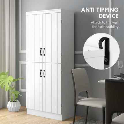 4-Door Tall Freestanding Kitchen Cupboard 6-Tier Storage Cabinet with Adjustable Shelves - White