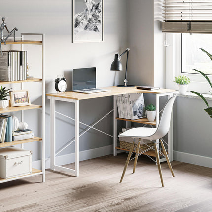 Folding L-Shaped Computer Desk with 2 Shelves Home Office Workstation Table - Oak Tone