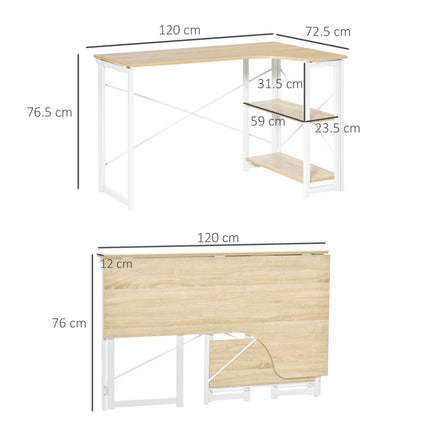 Folding L-Shaped Computer Desk with 2 Shelves Home Office Workstation Table - Oak Tone
