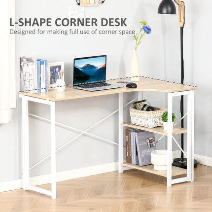 Folding L-Shaped Computer Desk with 2 Shelves Home Office Workstation Table - Oak Tone