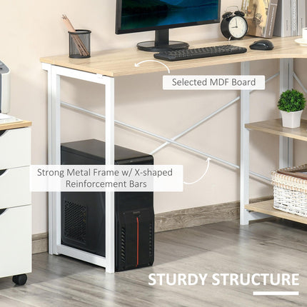 Folding L-Shaped Computer Desk with 2 Shelves Home Office Workstation Table - Oak Tone