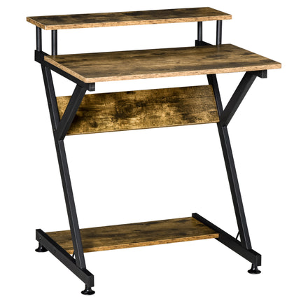 Compact R Shape Computer Desk with Monitor Shelf and Storage 70cm - Brown