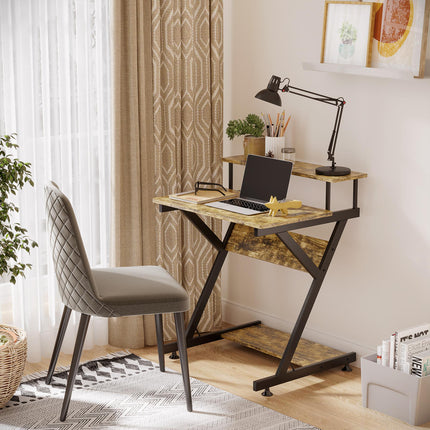 Compact R Shape Computer Desk with Monitor Shelf and Storage 70cm - Brown