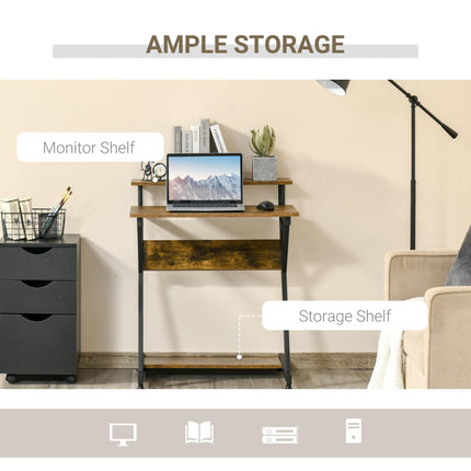 Compact R Shape Computer Desk with Monitor Shelf and Storage 70cm - Brown