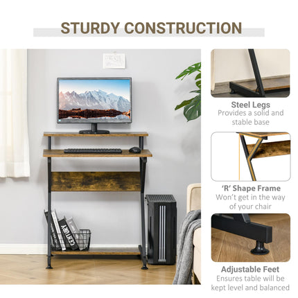 Compact R Shape Computer Desk with Monitor Shelf and Storage 70cm - Brown