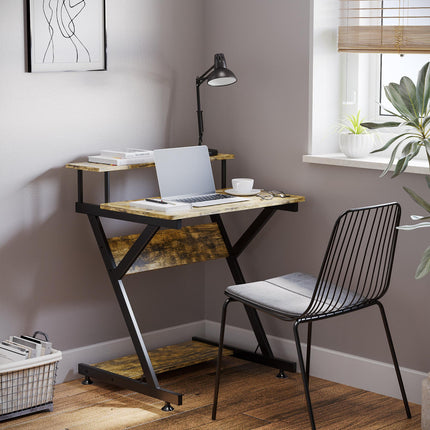 Compact R Shape Computer Desk with Monitor Shelf and Storage 70cm - Brown