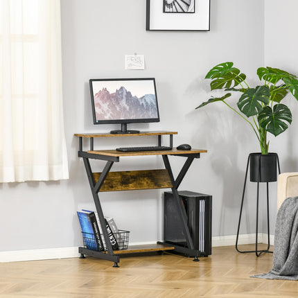 Compact R Shape Computer Desk with Monitor Shelf and Storage 70cm - Brown