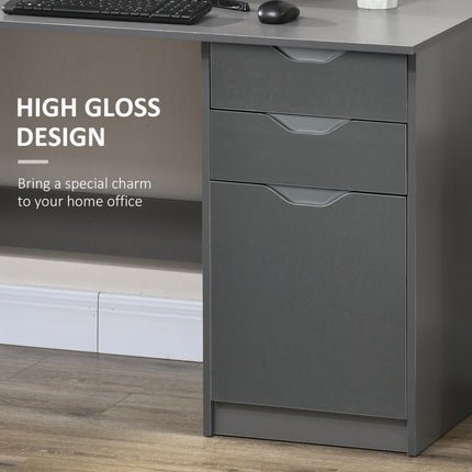 High Gloss Computer Desk with Drawers and Storage Cabinet, Modern Writing Workstation - Grey