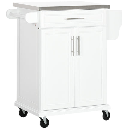 Freestanding Kitchen Island with Stainless Steel Top, Drawer & Wheels - White