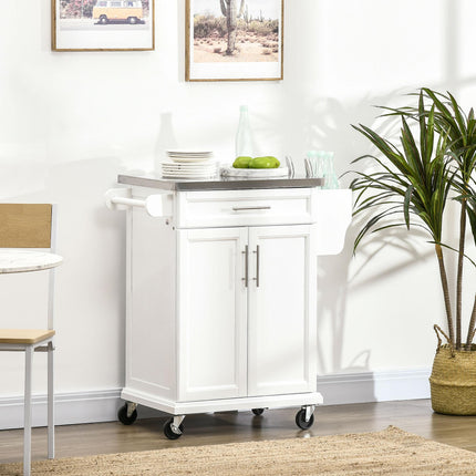 Freestanding Kitchen Island with Stainless Steel Top, Drawer & Wheels - White