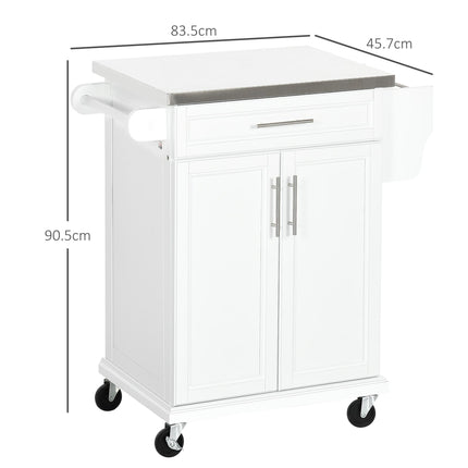 Freestanding Kitchen Island with Stainless Steel Top, Drawer & Wheels - White