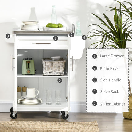 Freestanding Kitchen Island with Stainless Steel Top, Drawer & Wheels - White