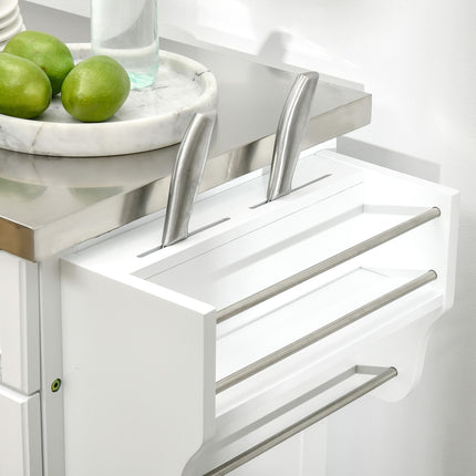 Freestanding Kitchen Island with Stainless Steel Top, Drawer & Wheels - White
