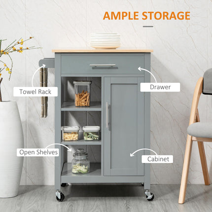 Compact Kitchen Trolley Utility Cart with Drawer, Open Shelves & Wheels - Grey