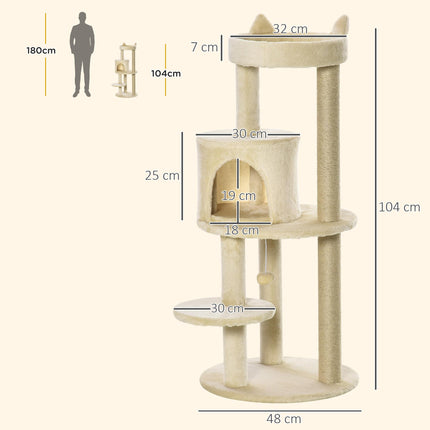 104 cm Multi-Level Cat Tree with Scratching Posts, Condo & Hanging Ball - Cream White