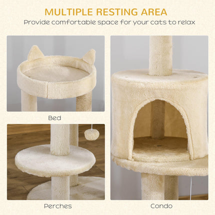 104 cm Multi-Level Cat Tree with Scratching Posts, Condo & Hanging Ball - Cream White