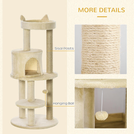 104 cm Multi-Level Cat Tree with Scratching Posts, Condo & Hanging Ball - Cream White