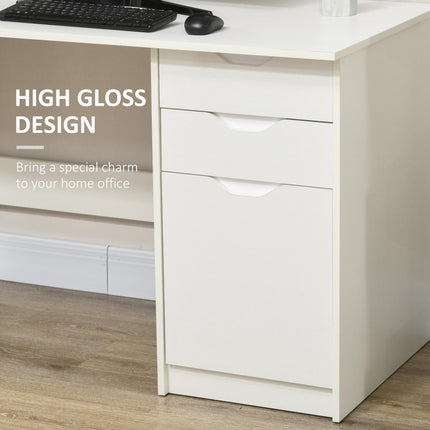 High Gloss Computer Desk with Drawers and Storage Cabinet, Modern Writing Workstation - White