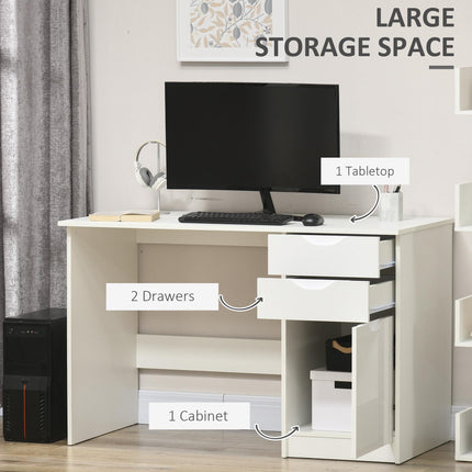 High Gloss Computer Desk with Drawers and Storage Cabinet, Modern Writing Workstation - White