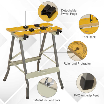 4-in-1 Folding Work Bench with Adjustable Clamps and Saw Horse for DIY Garage - Grey