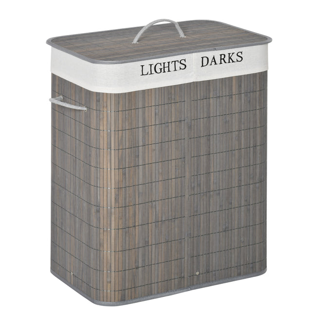 100L Collapsible Laundry Basket with Flip Lid, 2-Section Hamper, Removable Lining & String Handles - Grey