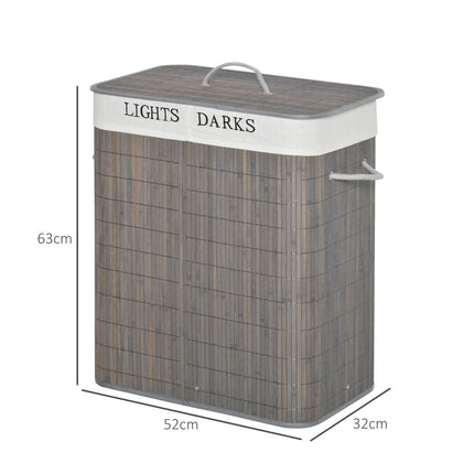 100L Collapsible Laundry Basket with Flip Lid, 2-Section Hamper, Removable Lining & String Handles - Grey