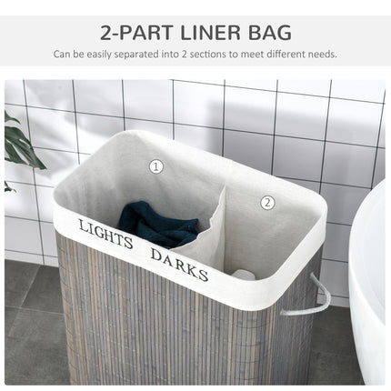 100L Collapsible Laundry Basket with Flip Lid, 2-Section Hamper, Removable Lining & String Handles - Grey